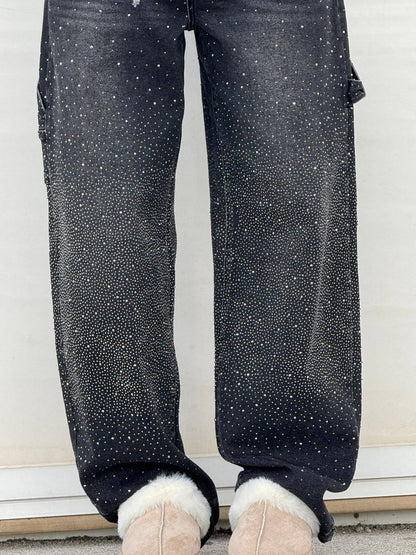 Rosaline - Jeans carpenter à paillettes et taille ajustée